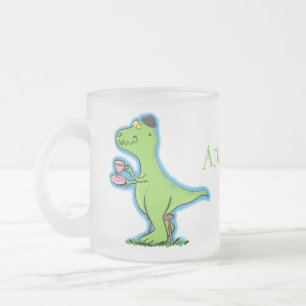Caneca De Café Vidro Jateado Um desenho animado de dinossauros, verde e engraç