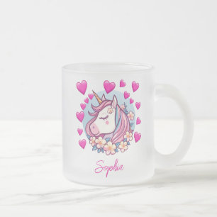 Caneca De Café Vidro Jateado Unicórnio Fofo, Corações e Flores Cor-de-Rosa, Nom