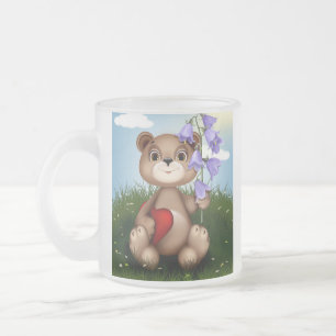 Caneca De Café Vidro Jateado Urso Segurando Buquê Flor-30926