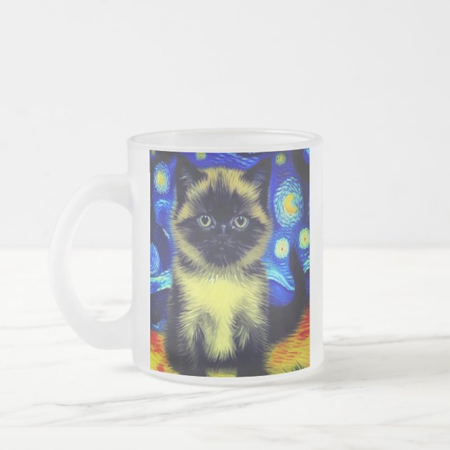 Caneca De Café Vidro Jateado Van Gogh Starry Night Siamese Cat (Esquerda)
