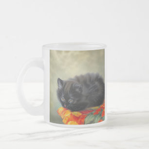 Caneca De Café Vidro Jateado Vintage Black Kitten com Red Flower Blanket