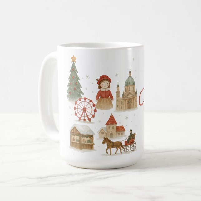 Caneca De Café Vienna Christmas Watercolor – Cozy Winter Austria  (Frente Esquerda)