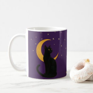 Caneca De Café Vigia da Noite - Cartão de Gato Preto do Halloween