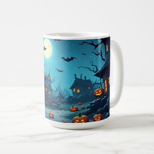 Caneca De Café Vila Assombrada ao Luar com Abóboras 🎃