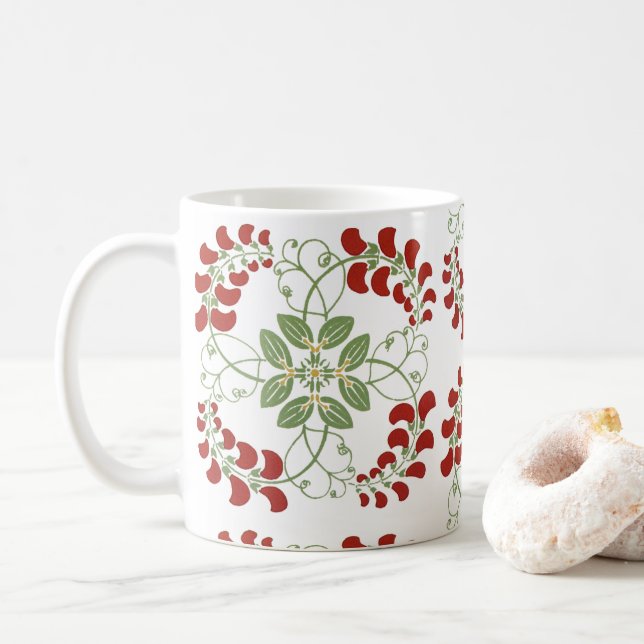 Caneca De Café Vinha Vermelha e Verde e flores (Com Donut)