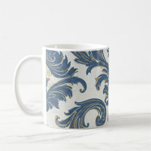 Caneca De Café Vintage Blue e Dourado Barroco Damask