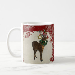 Caneca De Café Vintage Elegance Christmas Deer Antlers Damask