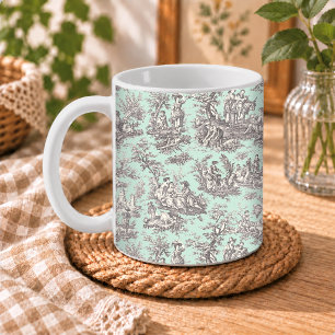 Caneca De Café Vintage Elegante Cinza Menta Toile De Jouy