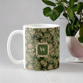 Caneca De Café Vintage Emerald Green Dourada Damask com Monograma