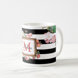 Caneca De Café Vintage Floral e Stripes Monograma Antiquado