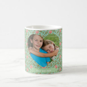 Caneca De Café Vintage Green Teal Rose Coração Personalizado Foto