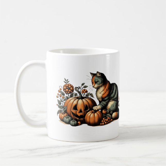 Caneca De Café Vintage Halloween Cat e Pumpkin (Esquerda)