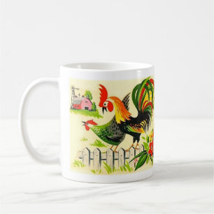 Caneca De Café Vintage MCM Roosters Crowing na Cerca