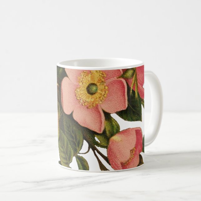 Caneca De Café Vintage Rosas Belos Botânicos Rosa (Frente Esquerda)