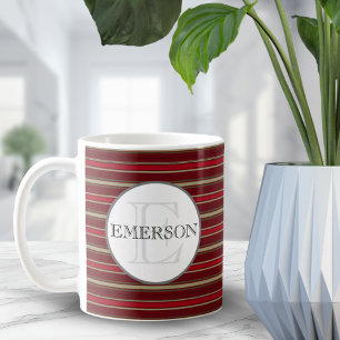 Caneca De Café Vintage Strips Burgundy Vermelho Branco Personaliz
