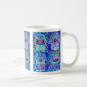 Caneca De Café Vintage Tapastry Judaica de Hamsa de quatro azuis