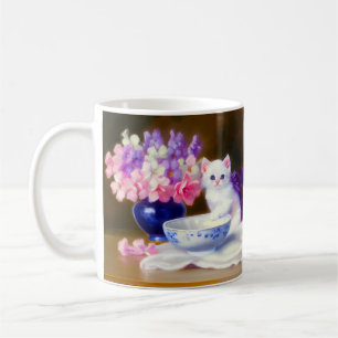Caneca De Café Vintage White Kitten com Fita Roxa