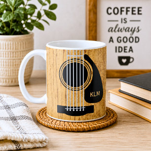 Caneca De Café Violão Acústico de Madeira Envelhecida Monograma