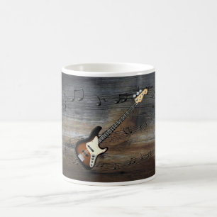 Caneca De Café Violão Elétrico~Escala Musical ~Fundo De Madeira D