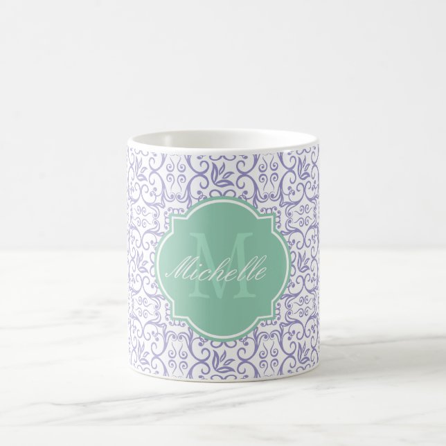 Caneca De Café Violet Tulip Damask Monograma Mug (Centro)