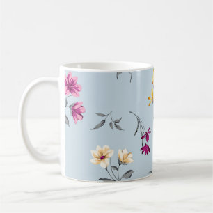 Caneca De Café violeta e creme flores pequenas folhas bunches