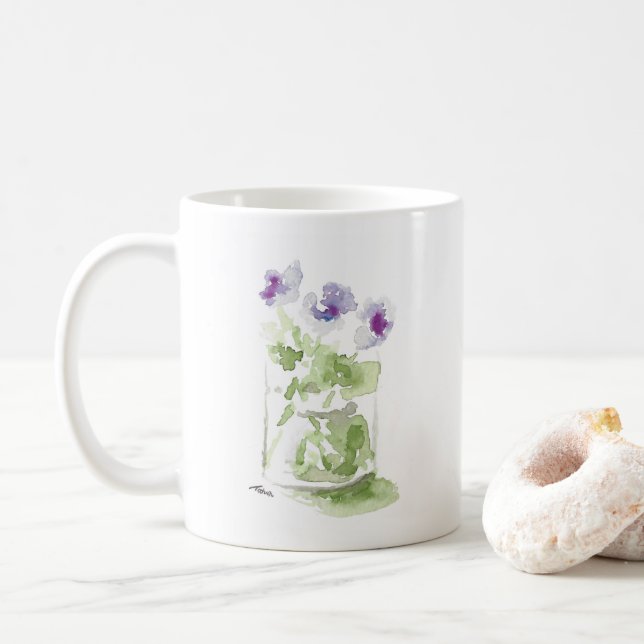 Caneca De Café Violetas de Aquarela lavanda em um Jar Mason (Com Donut)
