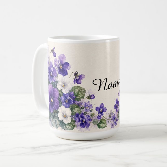 Caneca De Café Violetas personalizadas da flor de nascimento de f (Frente Esquerda)