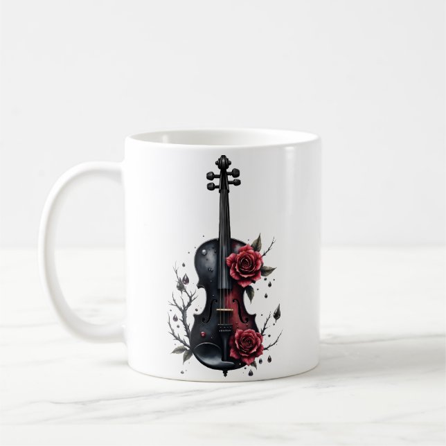 Caneca De Café Violino preto gótico com rosas vermelhas (Esquerda)