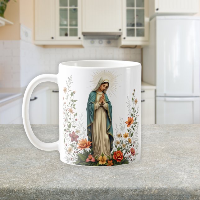 Caneca De Café Virgem Católica Floral Elegante Mary Prayer (Elegant Floral Catholic Virgin Mary Prayer Coffee Mug)