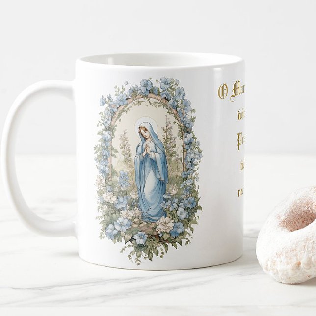 Caneca De Café Virgem Católica Mary Prayer Blues Floral (ENJOY YOUR MORNING COFFEE WITH THE BLESSED MOTHER! )