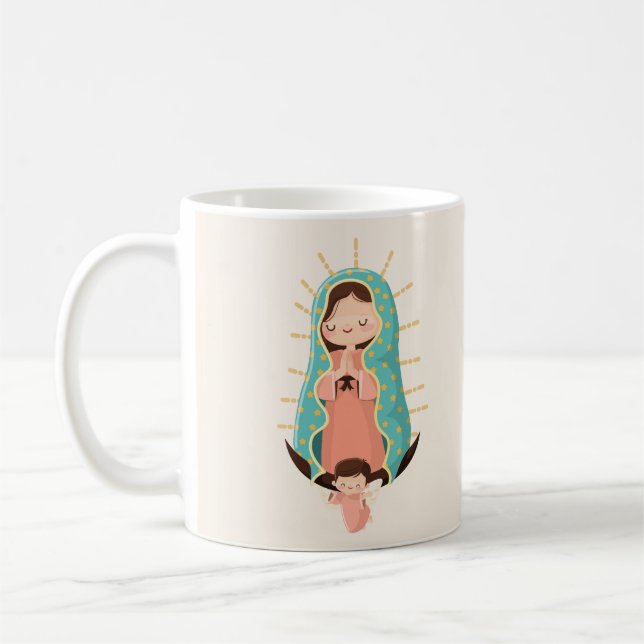 Caneca De Café Virgem de Guadalupe Kawaii com anjo e oração (Esquerda)