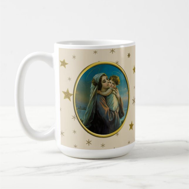Caneca De Café Virgem Maria e Jesus bebê no Natal estrelado (Esquerda)