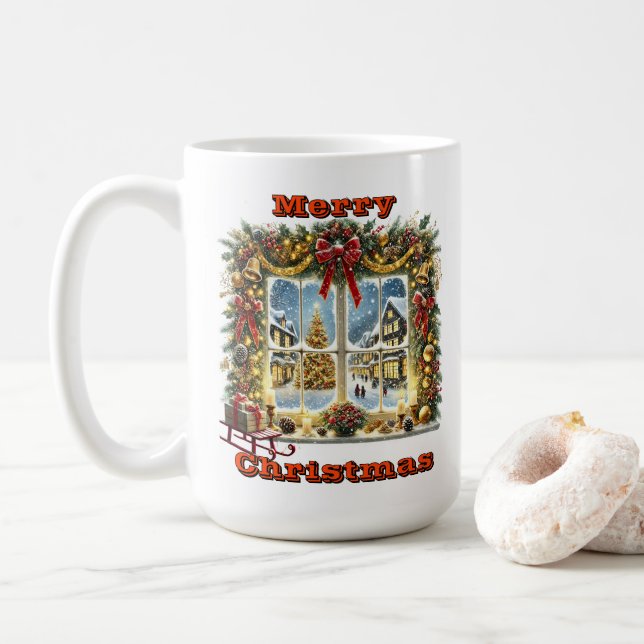 Caneca De Café Visão Festiva Da Janela Com Neve (Com Donut)