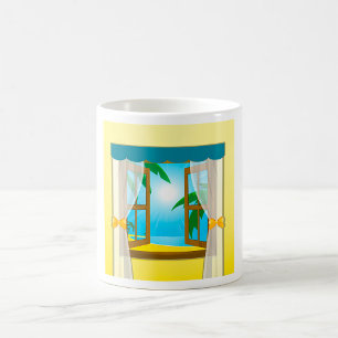 Caneca De Café Vista da Praia Ensolarada Através da Janela Aberta