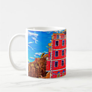 Caneca De Café Vista em casas coloridas em Cinque Terre, Itália.