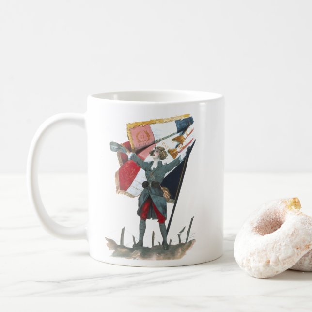 Caneca De Café Viva la França Uniforme Militar Feminista e Bandei (Com Donut)