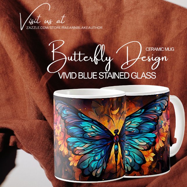 Caneca De Café Vívido Design de Borboleta em Vidro Colorido Azul (Criador carregado)