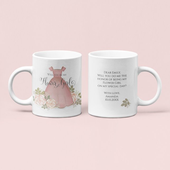 Caneca De Café Você Será Minha Dama de Flores Proposta Personaliz (Will you be my flower girl proposal mug with pink dress watercolor and personalized message.)