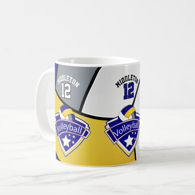 Caneca De Café Voleibol de Cinza, azul, amarelo, branco (Frente Esquerda)