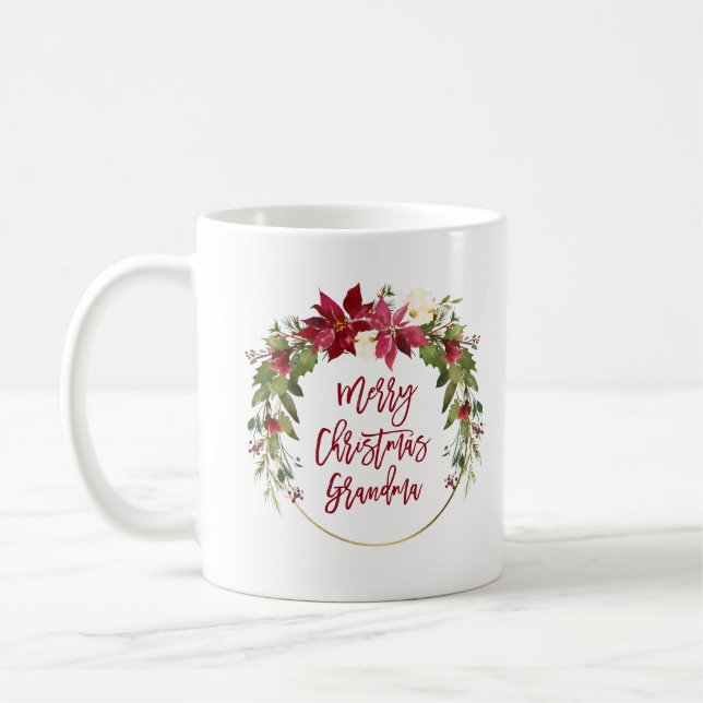 Caneca De Café Vovó Feliz Natal | Frota Floral com Dourado (Esquerda)