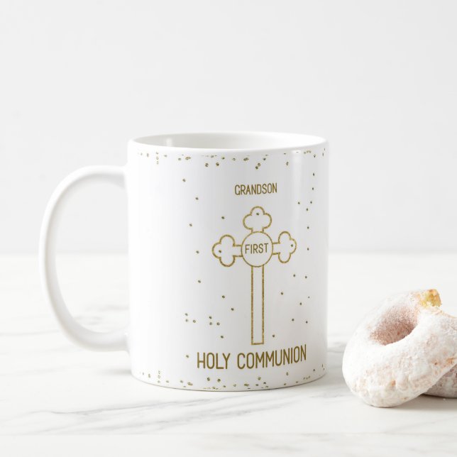 Caneca De Café Vovô Primeira Comunhão Dourada Cruz (Com Donut)