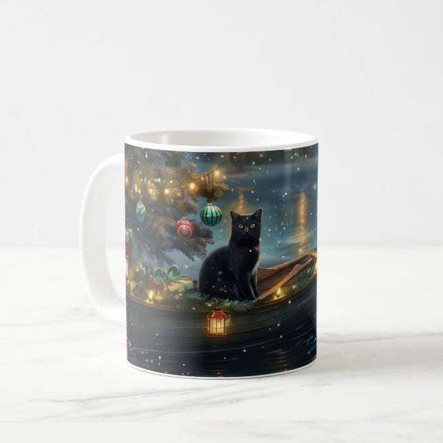 Caneca De Café Voyage festiva de gato preto (Frente Esquerda)