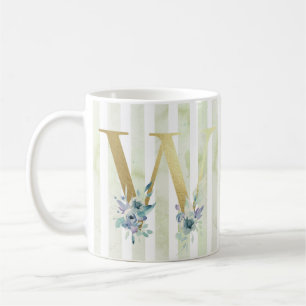 Caneca De Café W, ouro inicial com faixas azuis e brancas