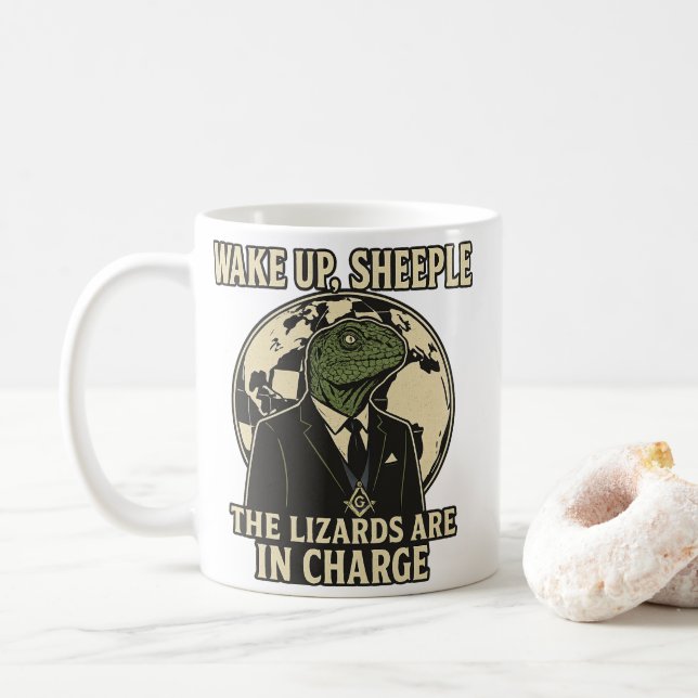 Caneca De Café Wake Up Sheeple Lizard Rulers Parody (Com Donut)