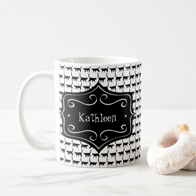 Caneca De Café Wallpaper de Cat Preto | Alterar nome | Alterar Co (Com Donut)