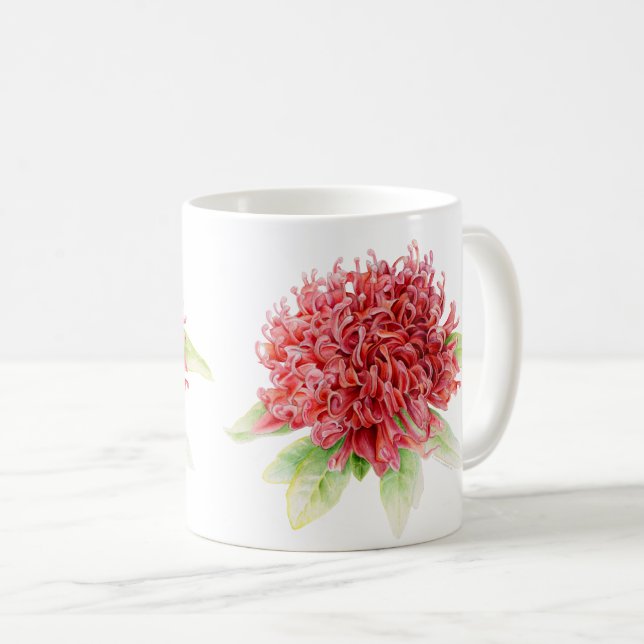 Caneca De Café Waratah Protea, flor vermelha, aquarela (Frente Esquerda)