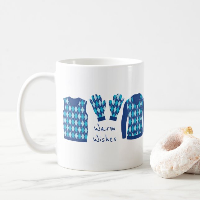 Caneca De Café Warm Wish Argyle Patternos Mug - Azul (Com Donut)