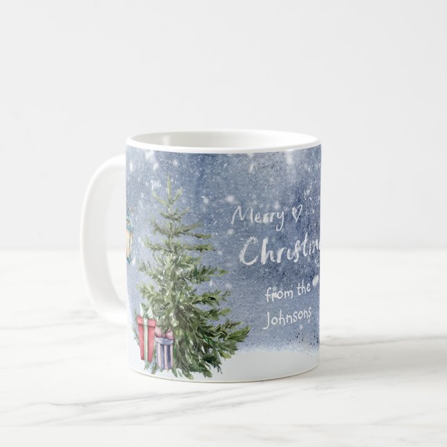 Caneca De Café Watercolor 🎄 Árvore Natal Lanterna Presentes (Frente Esquerda)