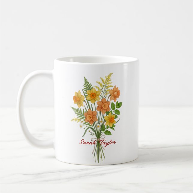 Caneca De Café Watercolor Birth Flower Daffodil Personalized Mug (Esquerda)