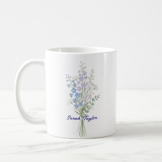 Caneca De Café Watercolor Birth Flower Larkspur Custom (Esquerda)